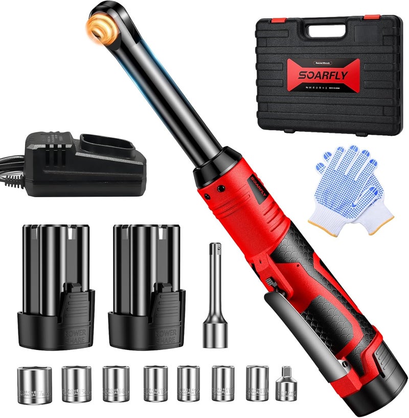 SOARFLY 3/8" Cordless Ratchet Wrench, 6" Extended Electric Ratchet Wrench, 40 Ft-Lbs 450 RPM 16.8V Cordless Battery Powered Ratchet Wrench Set with 2 Batteries, Variable Speed, 7 Sockets, LED Light - Image 1